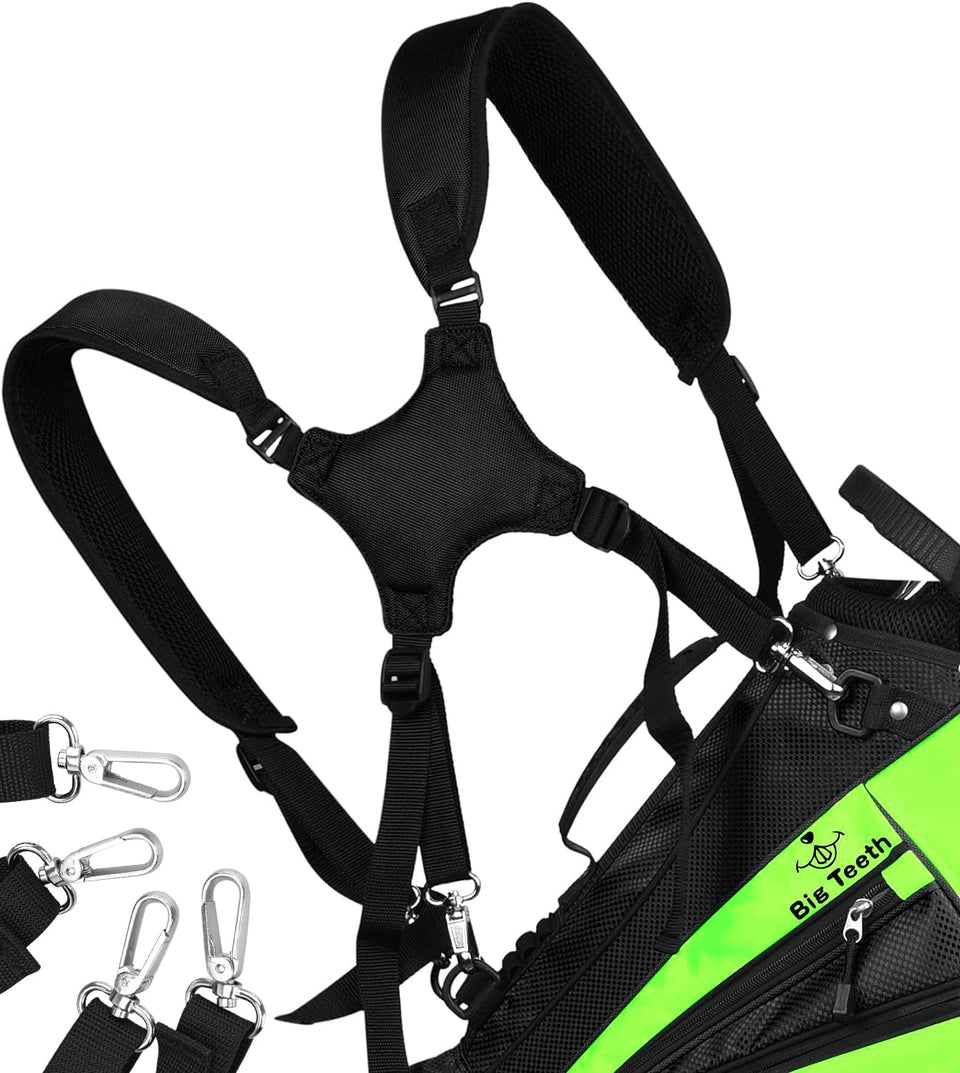 BIG TEETH golf bag strap close-up with cushioned pad for comfort.