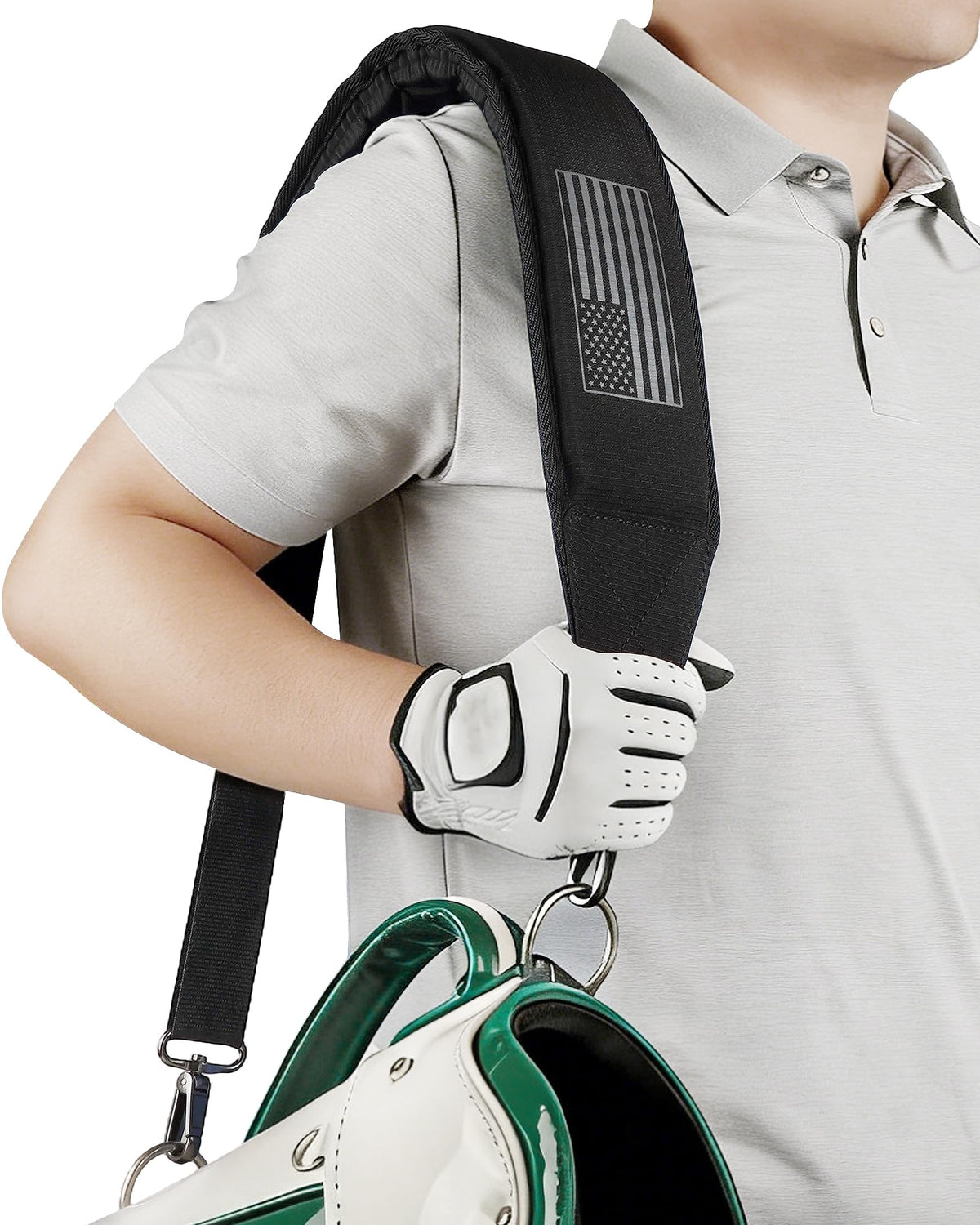 BIG TEETH golf bag strap tool-free installation with D-ring clips.