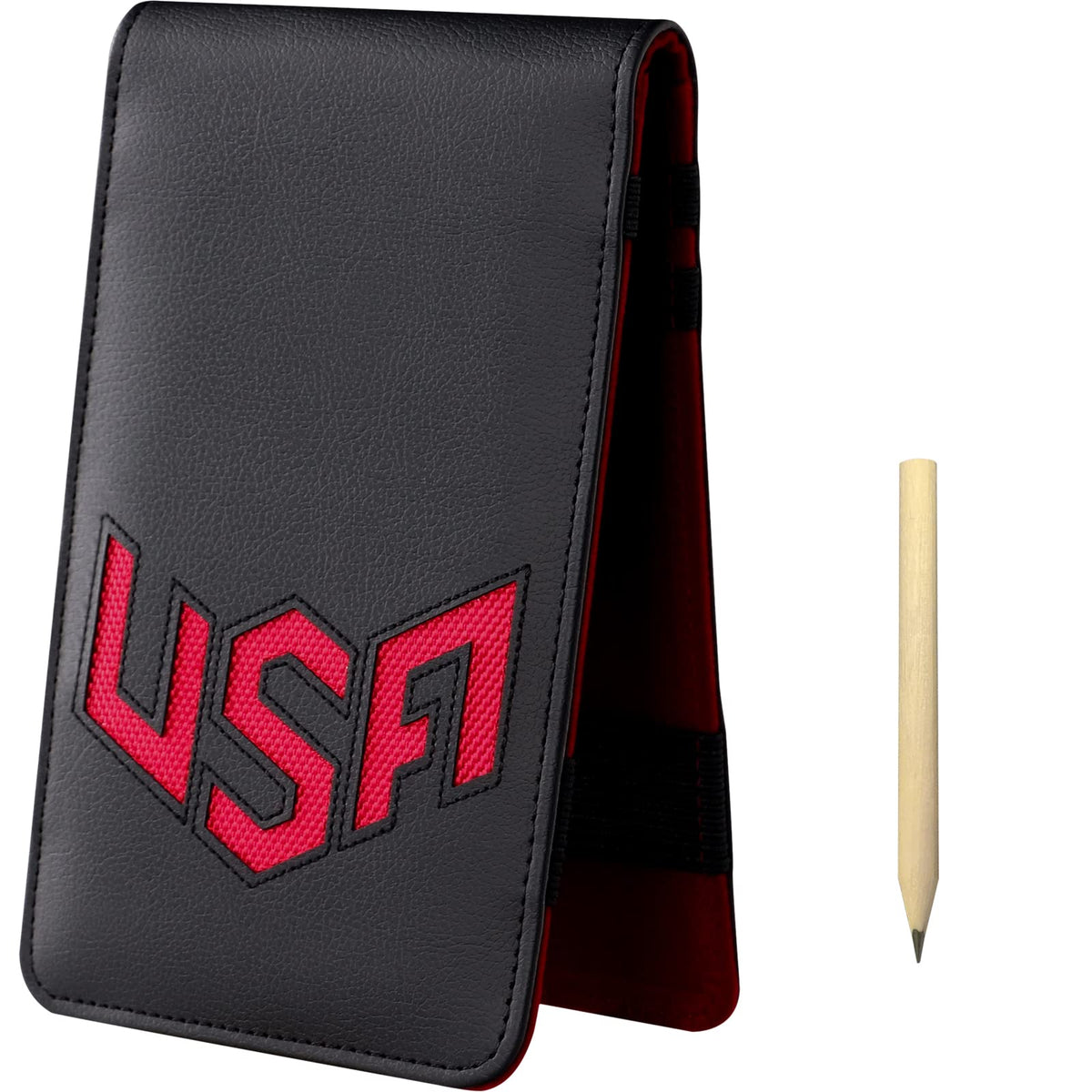 BIG TEETH golf scorecard holder front view in red leather for quick access.