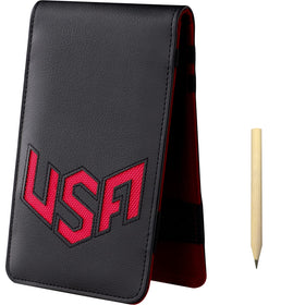 BIG TEETH golf scorecard holder front view in red leather for quick access.