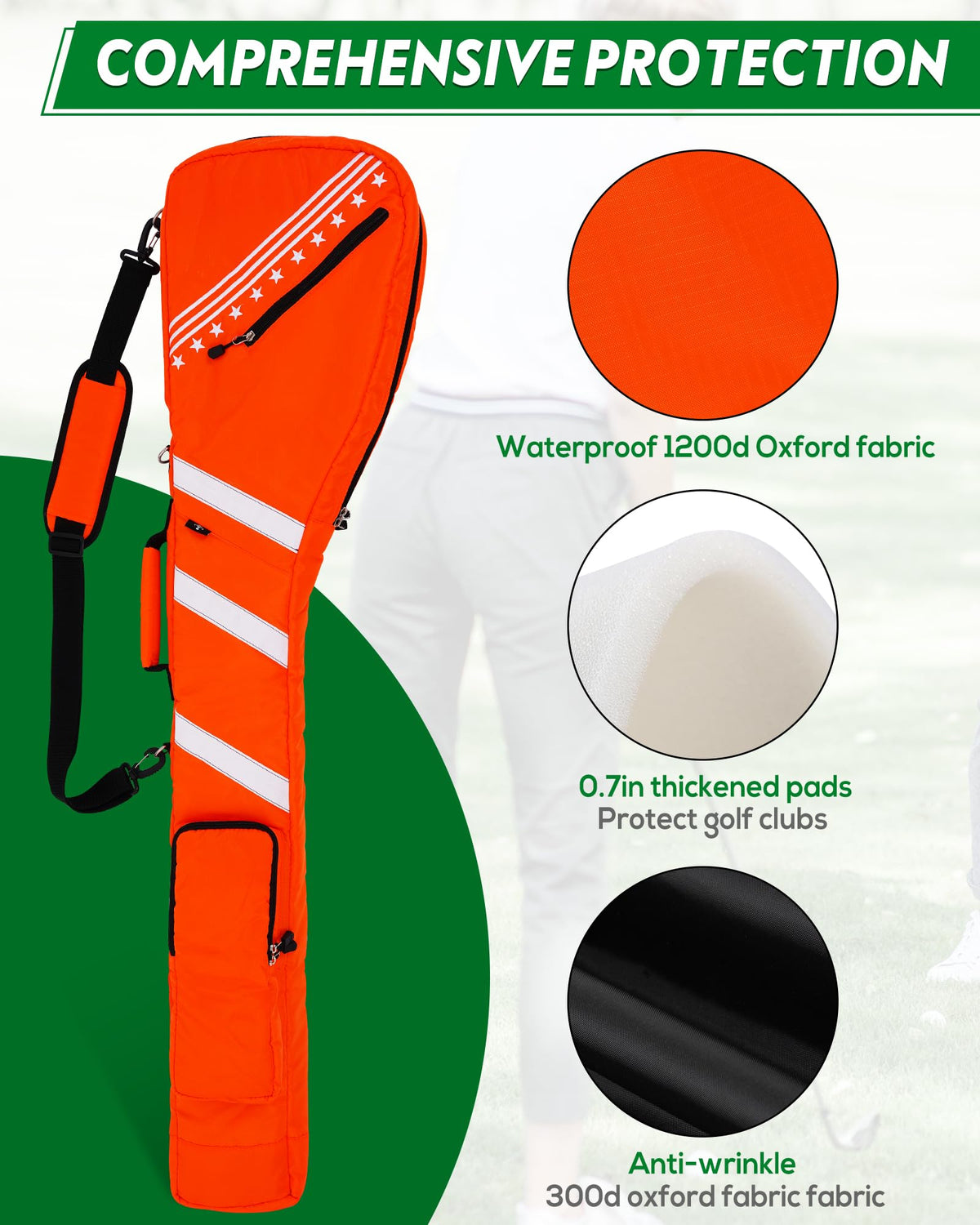 Zippered side pocket holds gloves and tees for quick access.