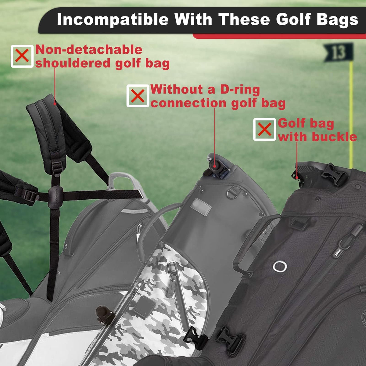 BIG TEETH strap with four hooks ensures secure bag attachment.