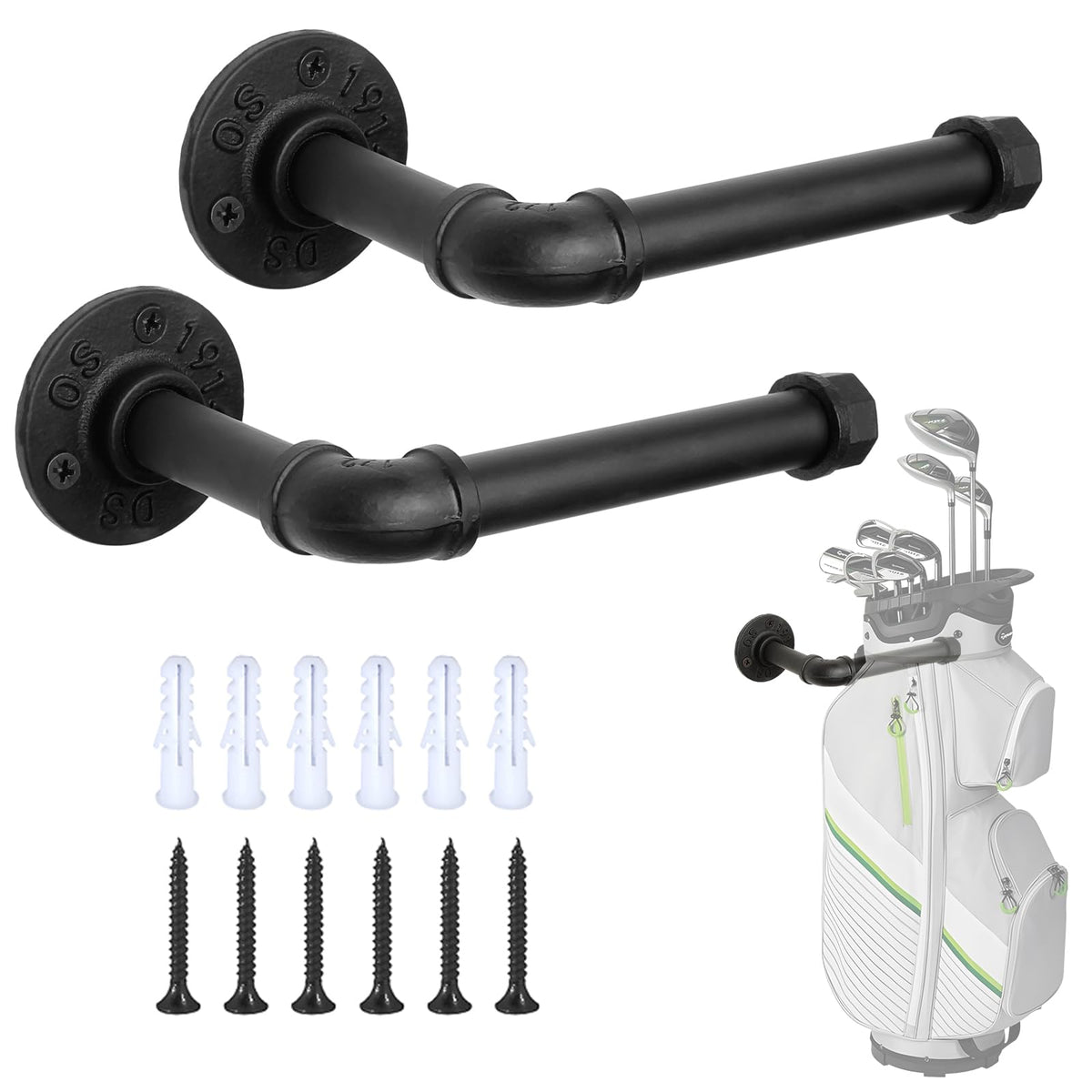 BiJun golf bag storage wall mount in black iron keeps bags off ground