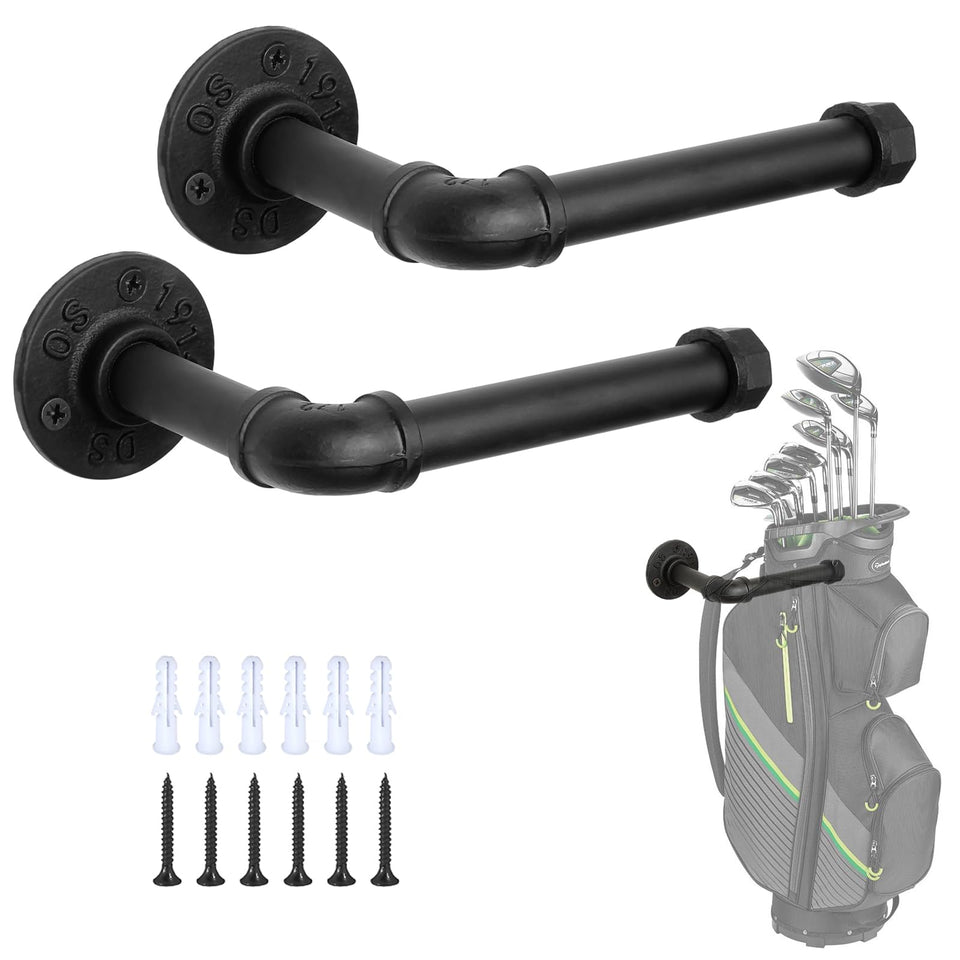 BiJun wall mount golf bag rack keeps your bag off the floor and accessible.