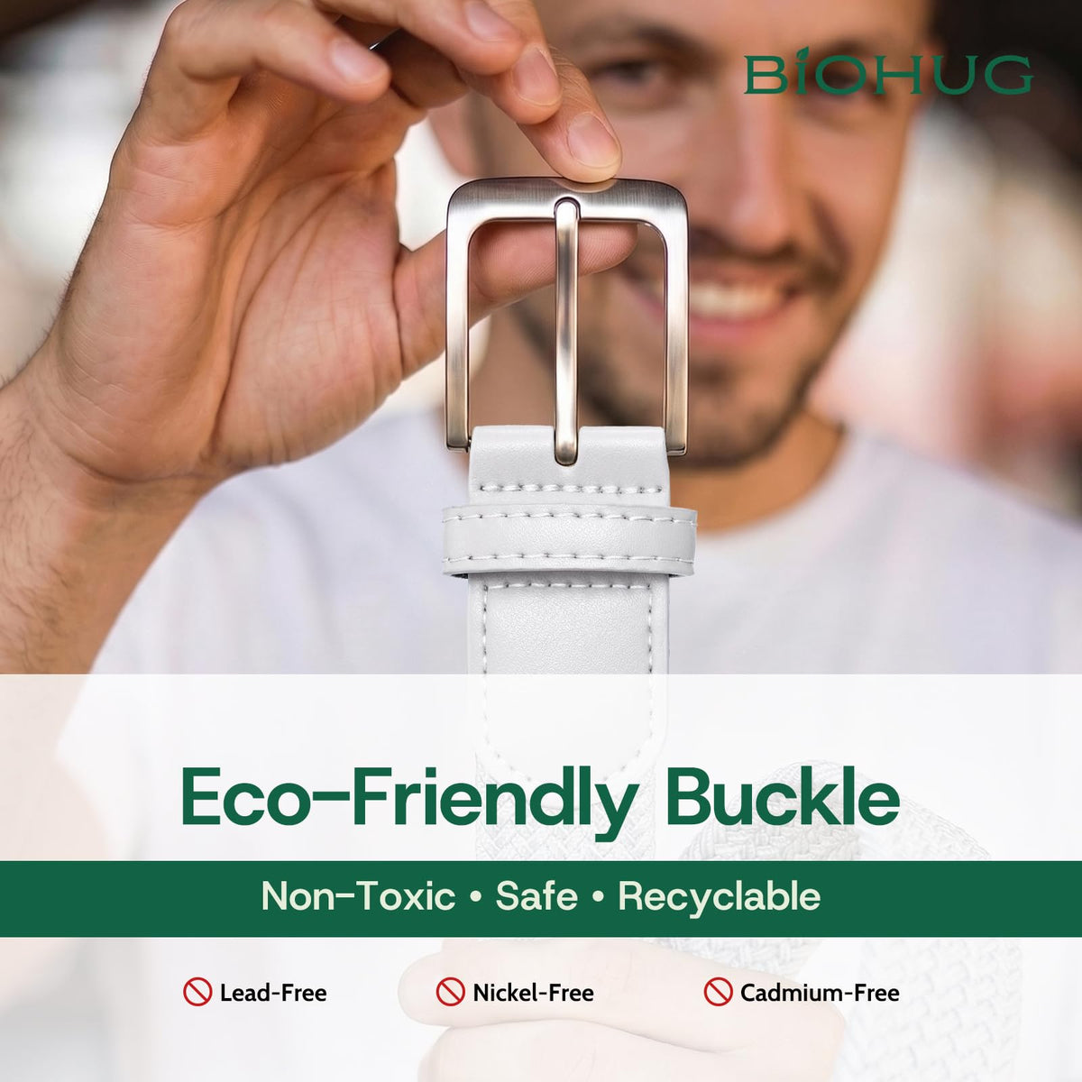 BIOHUG belt buckle closeup highlights non-toxic hardware for skin-friendly use.