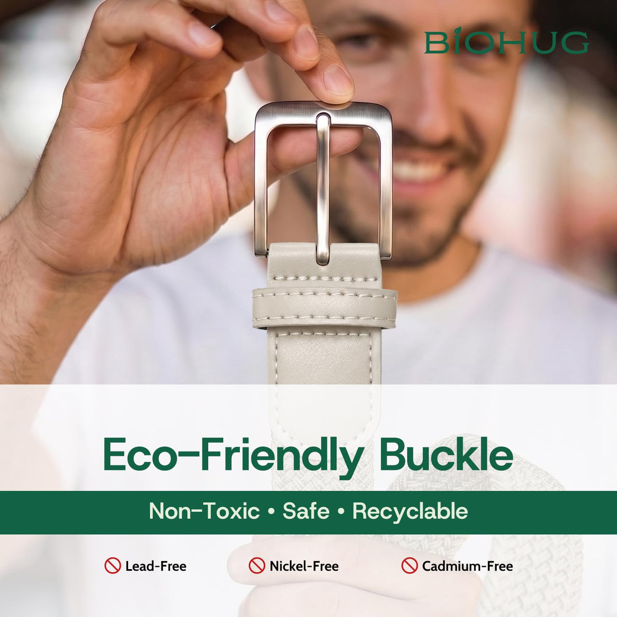 BIOHUG buckle detail shows non-toxic hardware for skin-safe daily wear.
