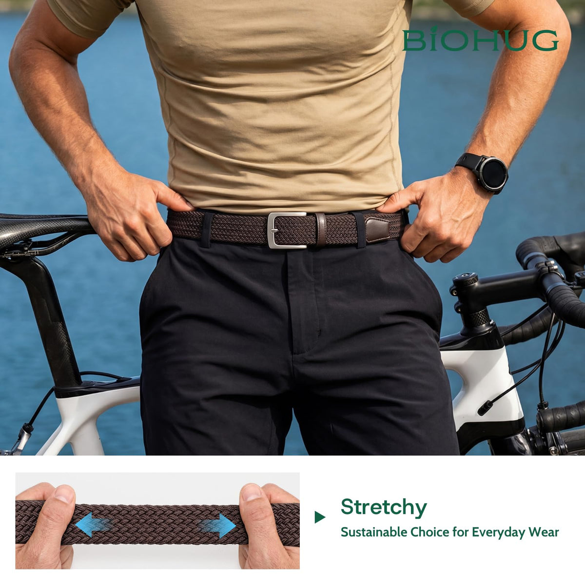 BIOHUG belt with jeans for secure, bulk-free look