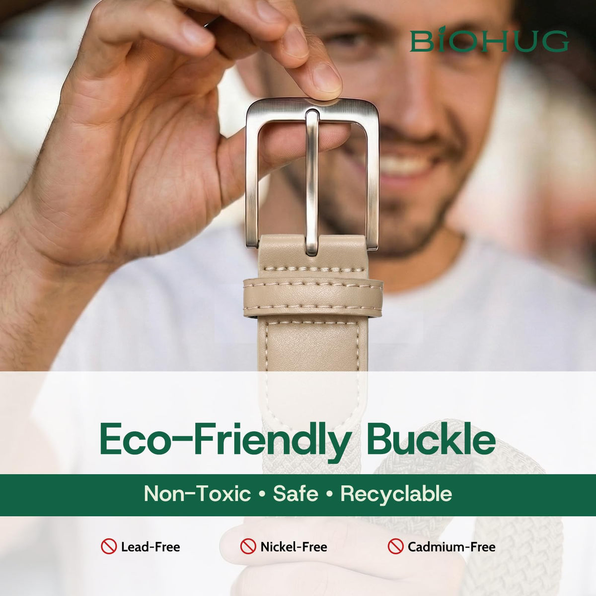 BIOHUG khaki belt buckle close-up reveals secure, non-toxic hardware
