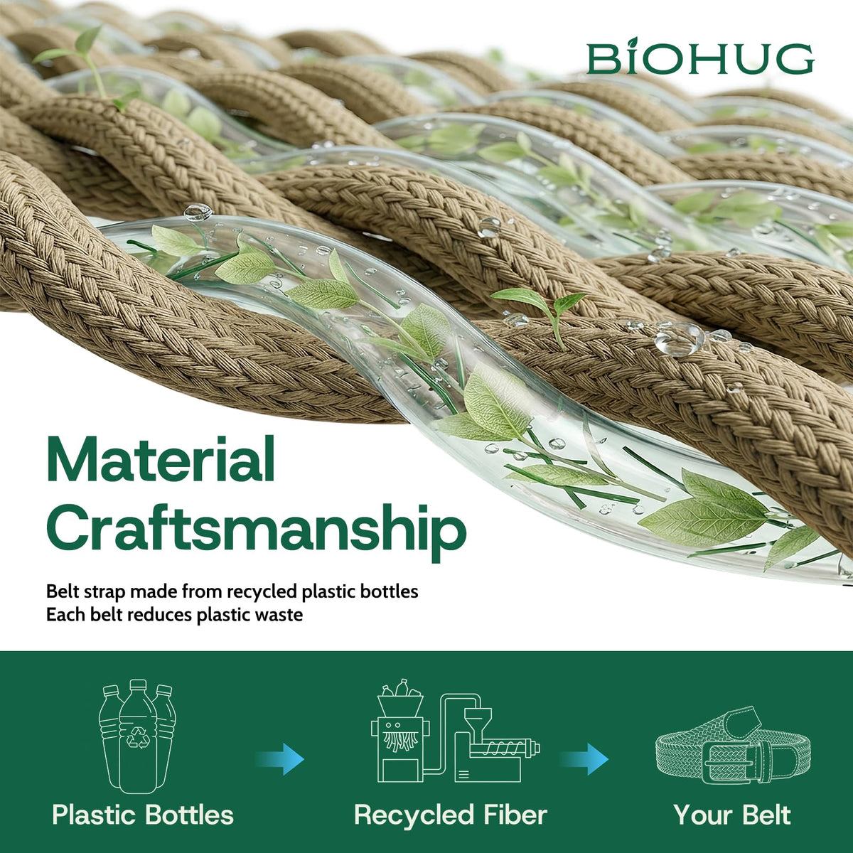 BIOHUG belt woven detail highlights recycled fabric texture and flexibility