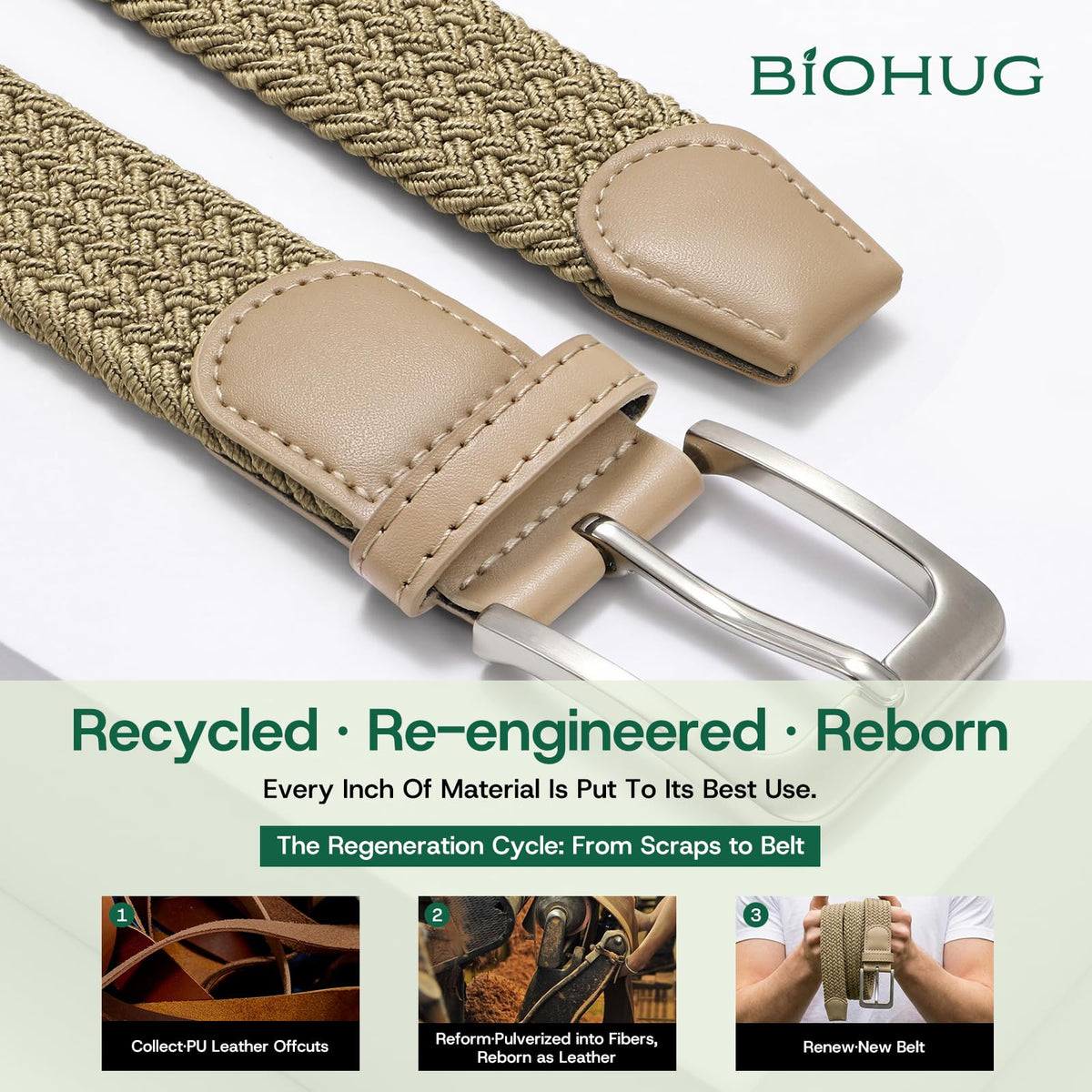 BIOHUG material detail revealing recycled fabric fibers sourced from seven bottles