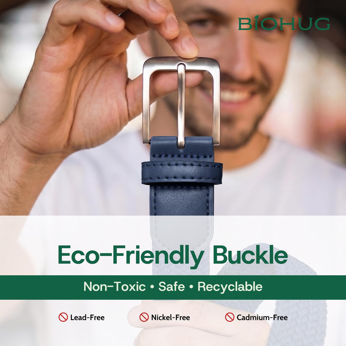 BIOHUG front panel recycled PU leather blue showcases sleek, eco-friendly detailing.
