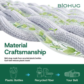 BIOHUG recycled fabric belt close-up emphasizes sustainable material from seven bottles.