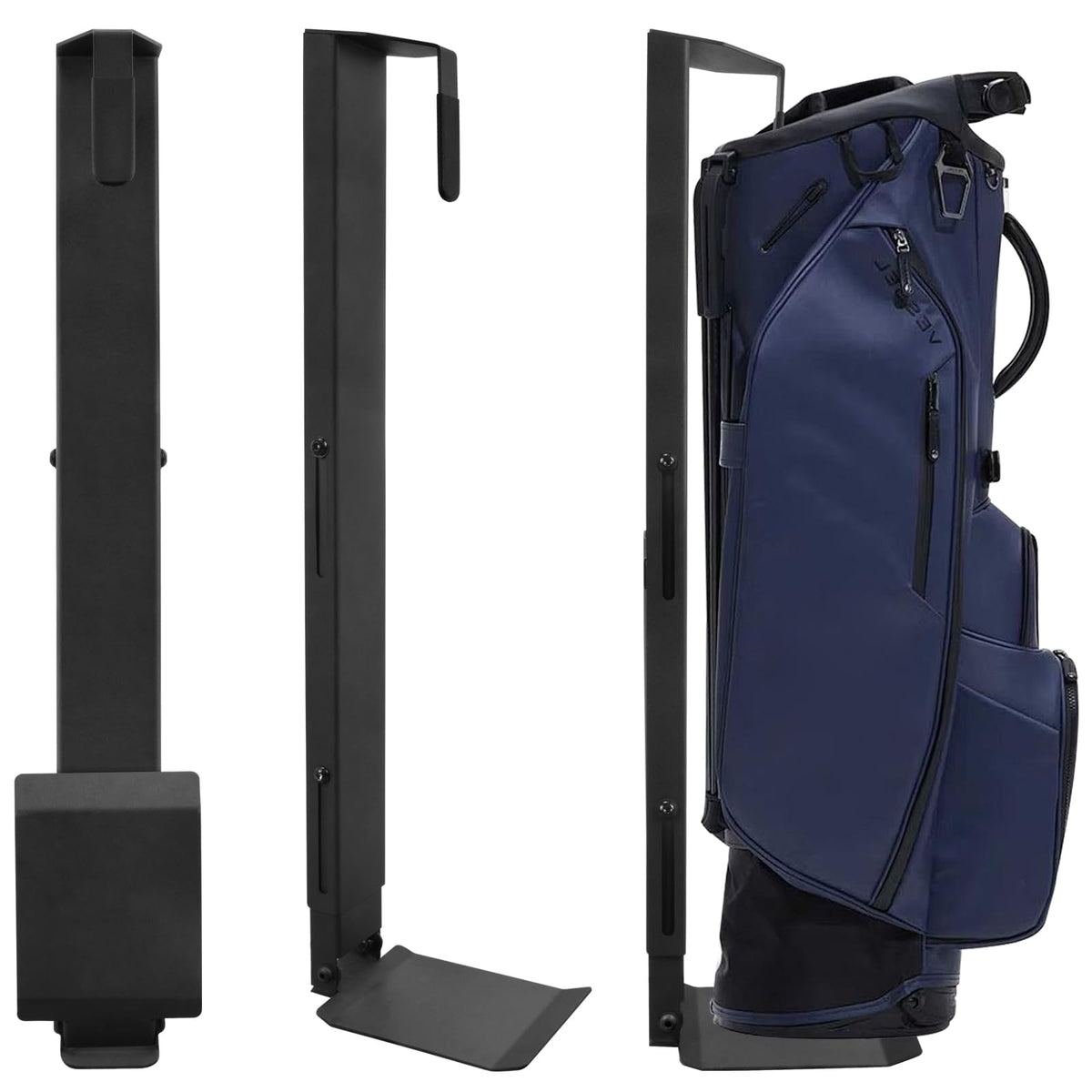 Biondolia wall-mount golf bag rack keeps bags organized and accessible in the garage.