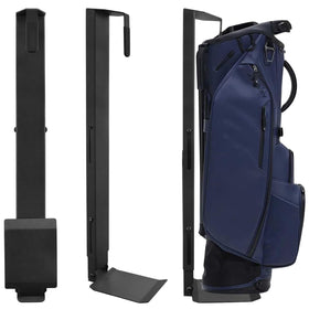 Biondolia wall-mount golf bag rack keeps bags organized and accessible in the garage.
