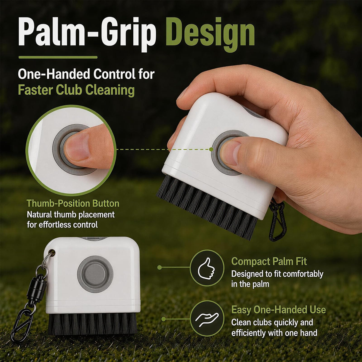 60ml reservoir keeps the brush compact for quick on-course rinses.