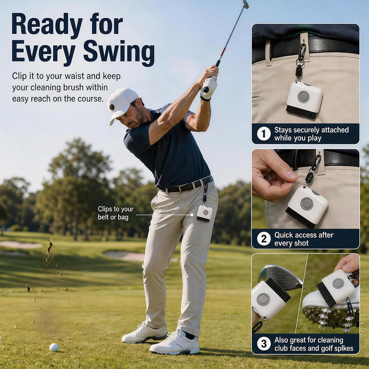 Biozzy palm-grip brush with carabiner clip attaches to golf bag.