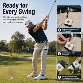 Biozzy palm-grip brush with carabiner clip attaches to golf bag.