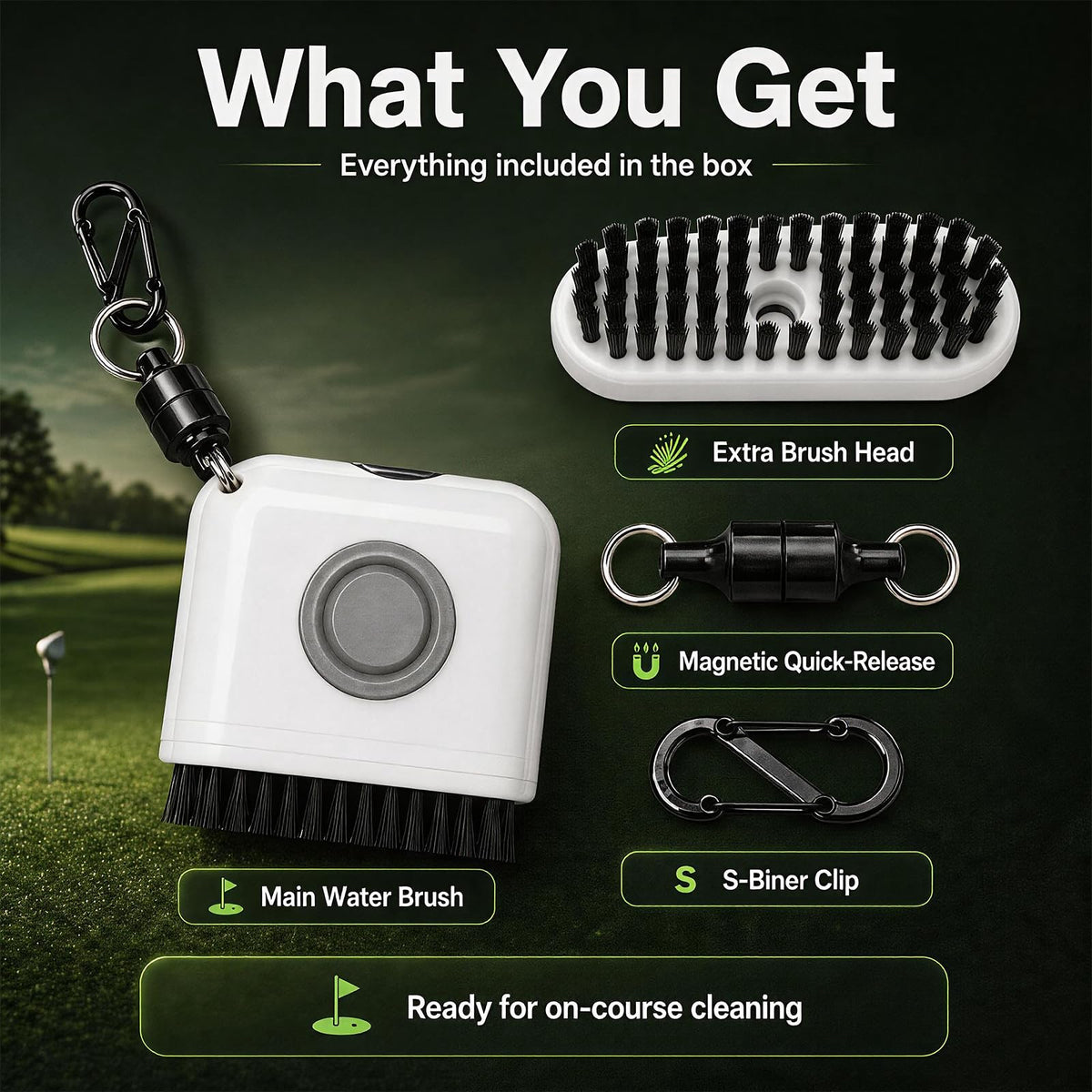 Carabiner clip secures brush to bag or strap for easy access.