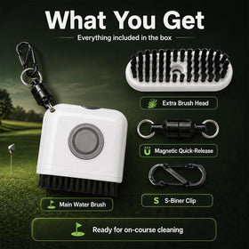 Carabiner clip secures brush to bag or strap for easy access.