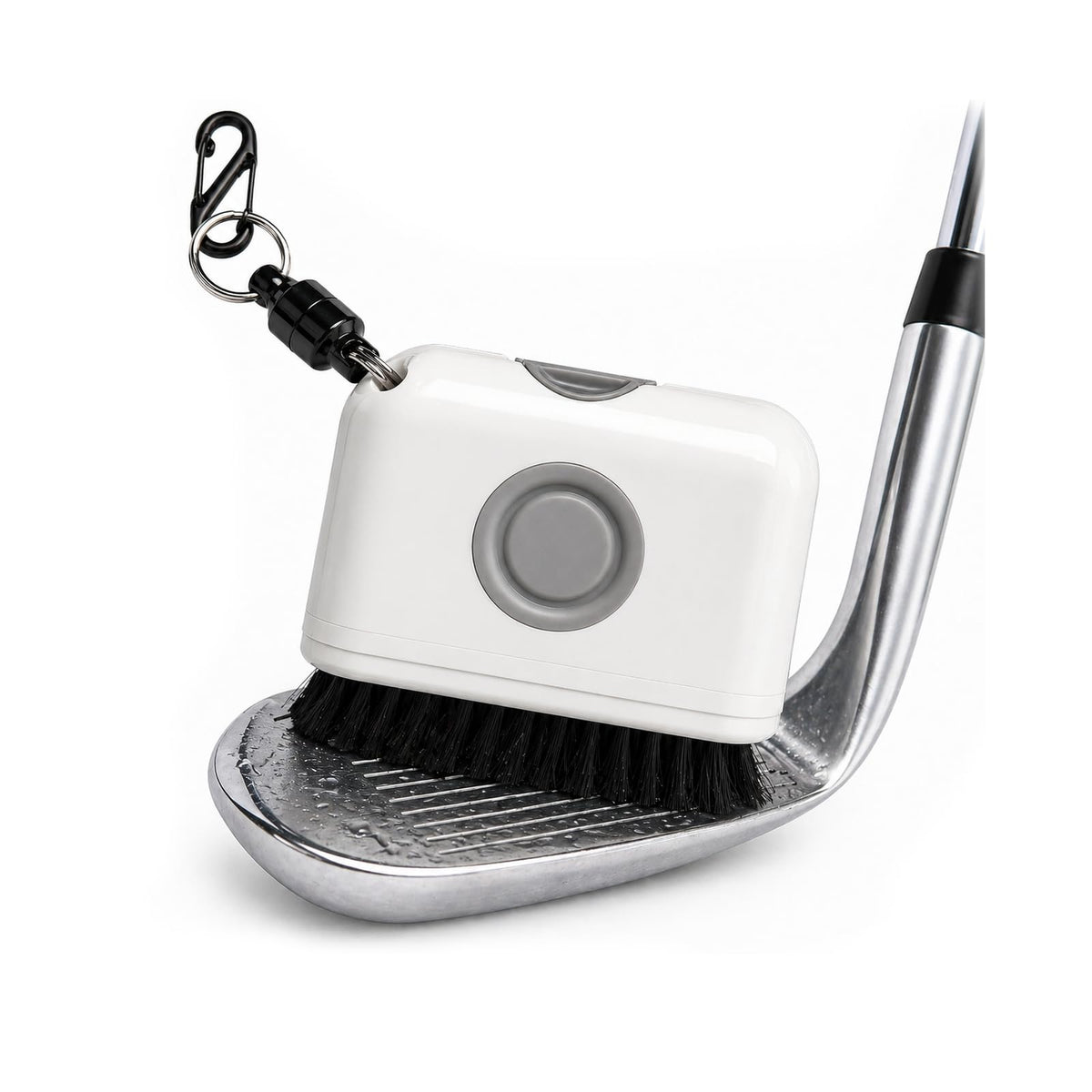Biozzy golf brush with water in palm grip enables one-handed on-course cleaning.