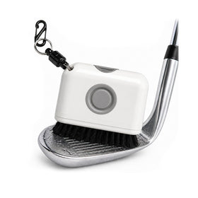 Biozzy golf brush with water in palm grip enables one-handed on-course cleaning.