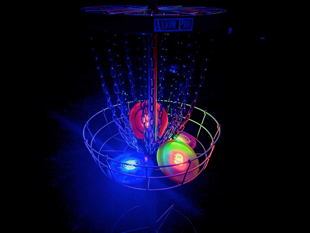 Birdi color-cycle LED disc lights illuminate the flight path