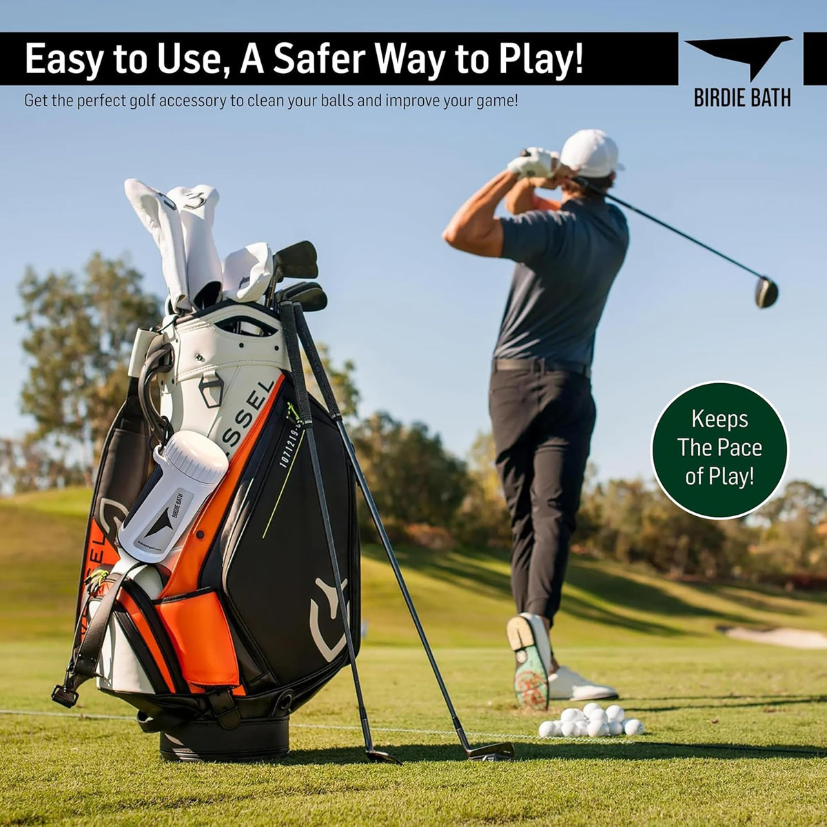 Birdie Bath portable design clips to a golf bag for easy access.
