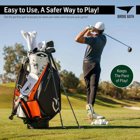 Birdie Bath portable design clips to a golf bag for easy access.