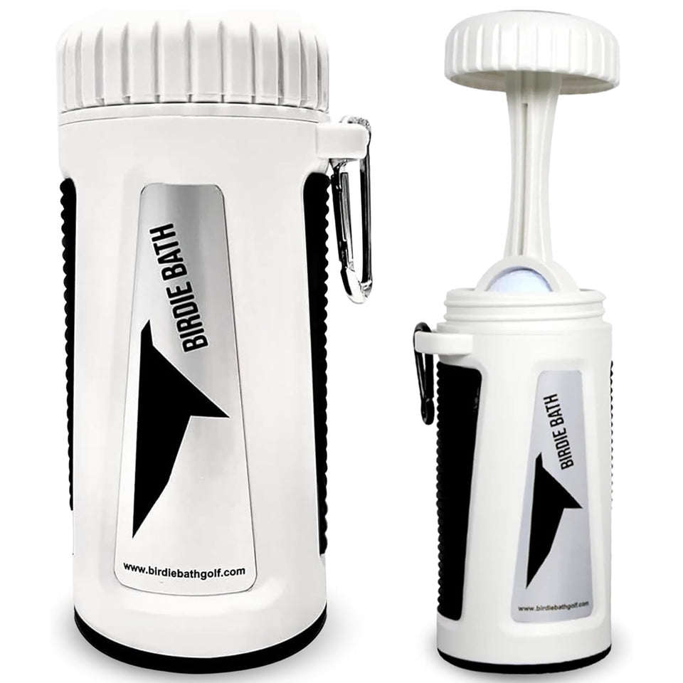 Birdie Bath portable ball washer cap in use for on-course cleaning.