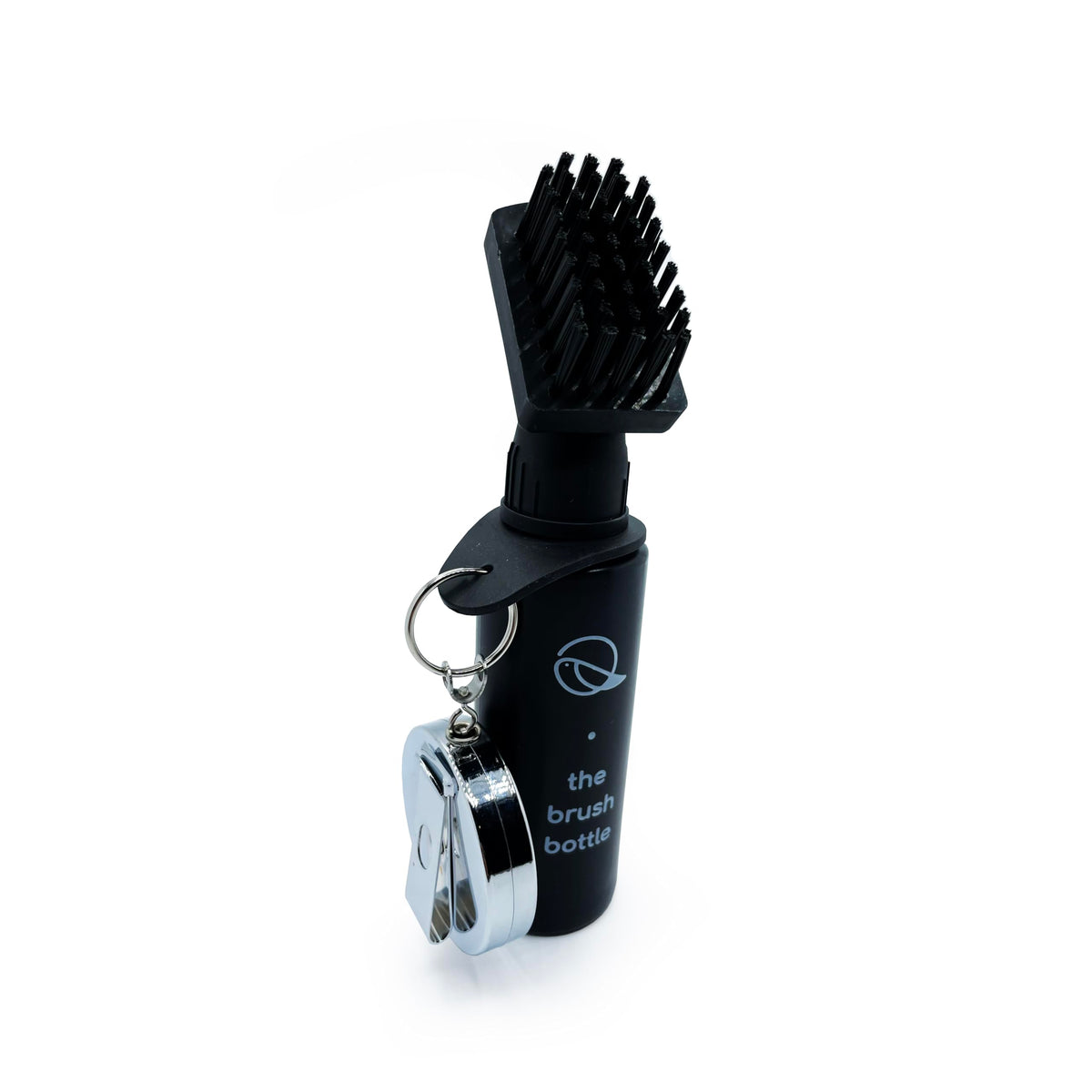 Birdskie golf brush with bottle overview for quick on-course cleaning