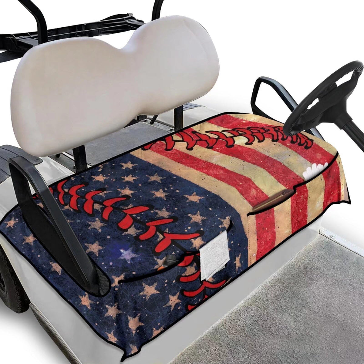 Biyejit baseball USA flag seat cover on golf cart with secure fit.