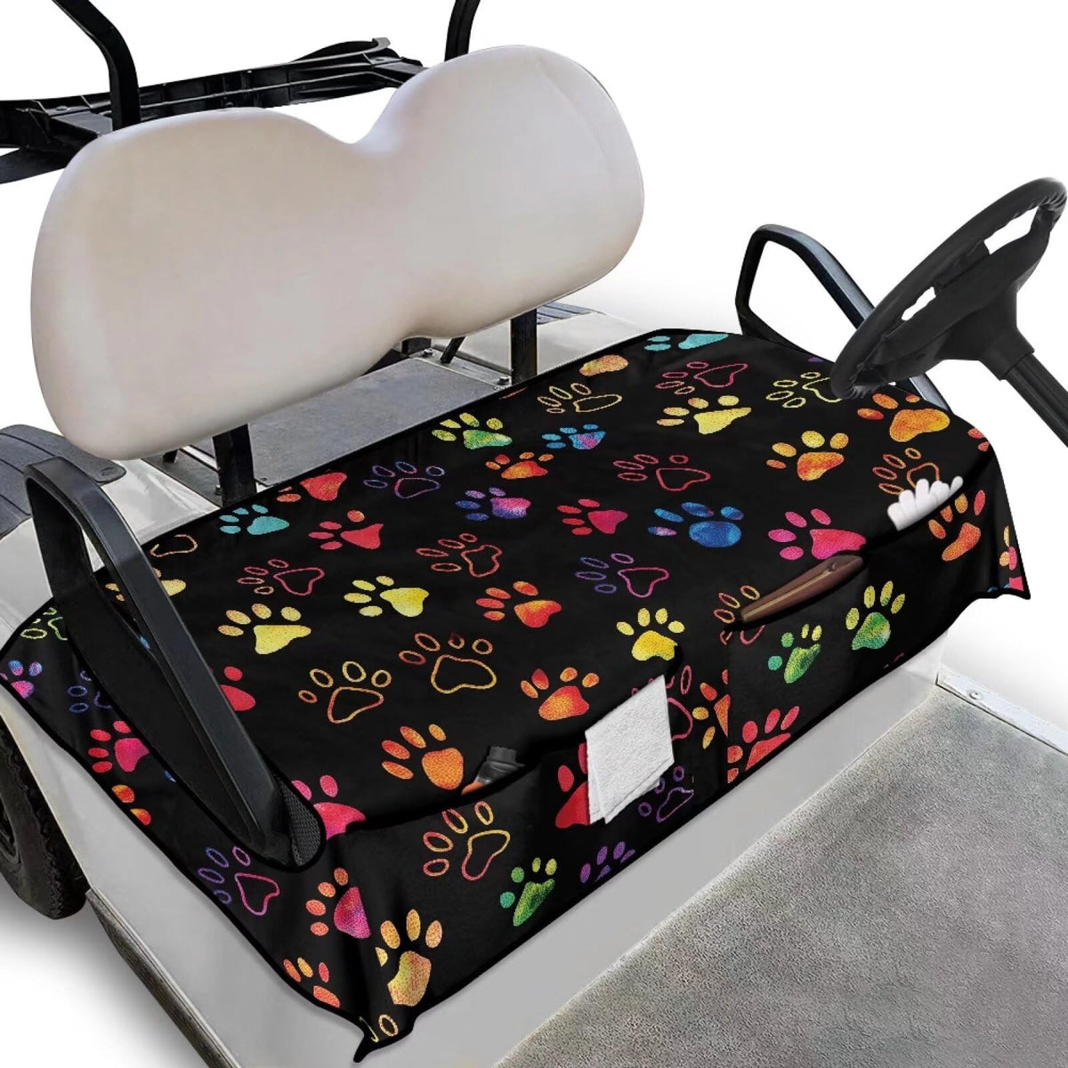 Biyejit Colorful Paws golf cart towel with front pockets keeps essentials at hand.