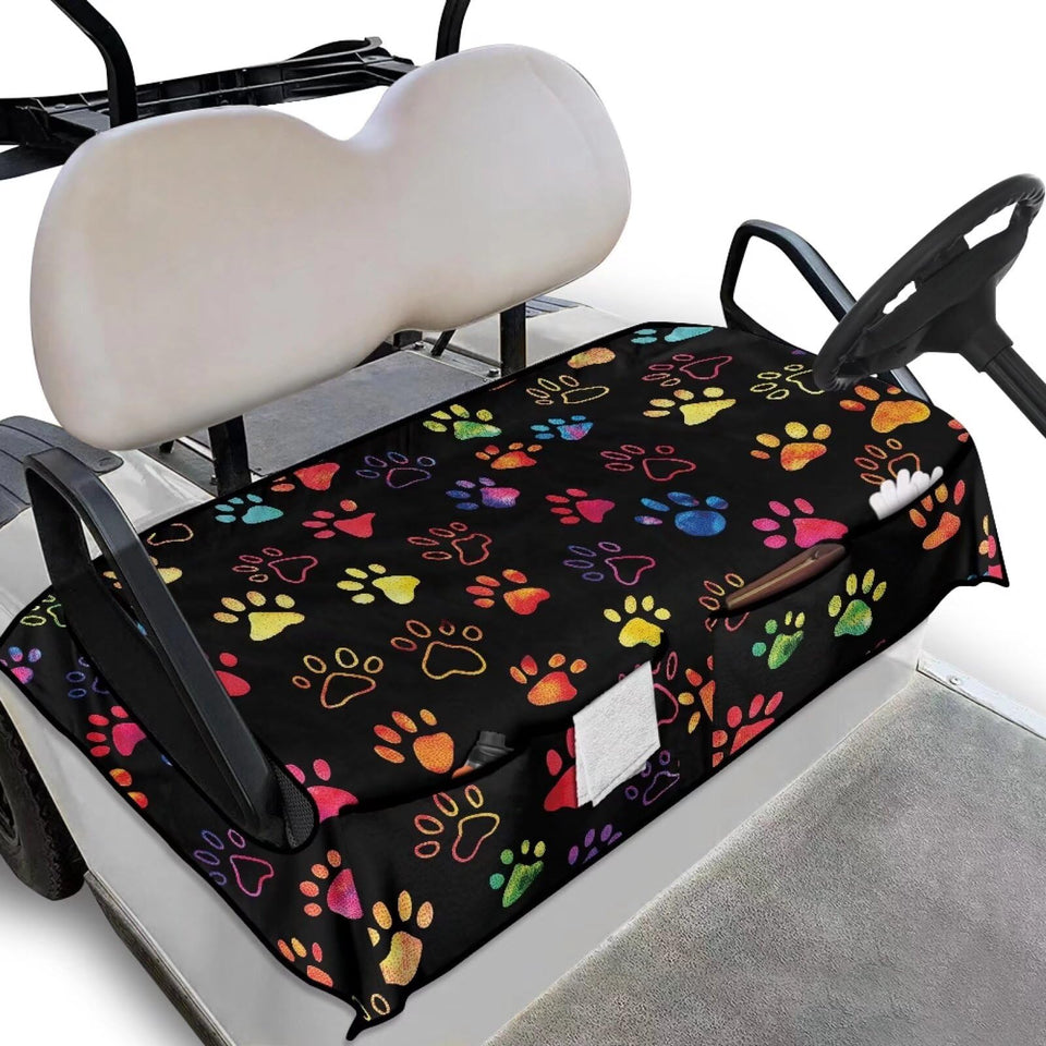 Biyejit Colorful Paws golf cart towel with front pockets keeps essentials at hand.
