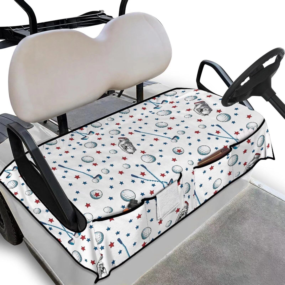 Biyejit Golf Stars seat cover with front pockets enhances storage during sunny rounds.