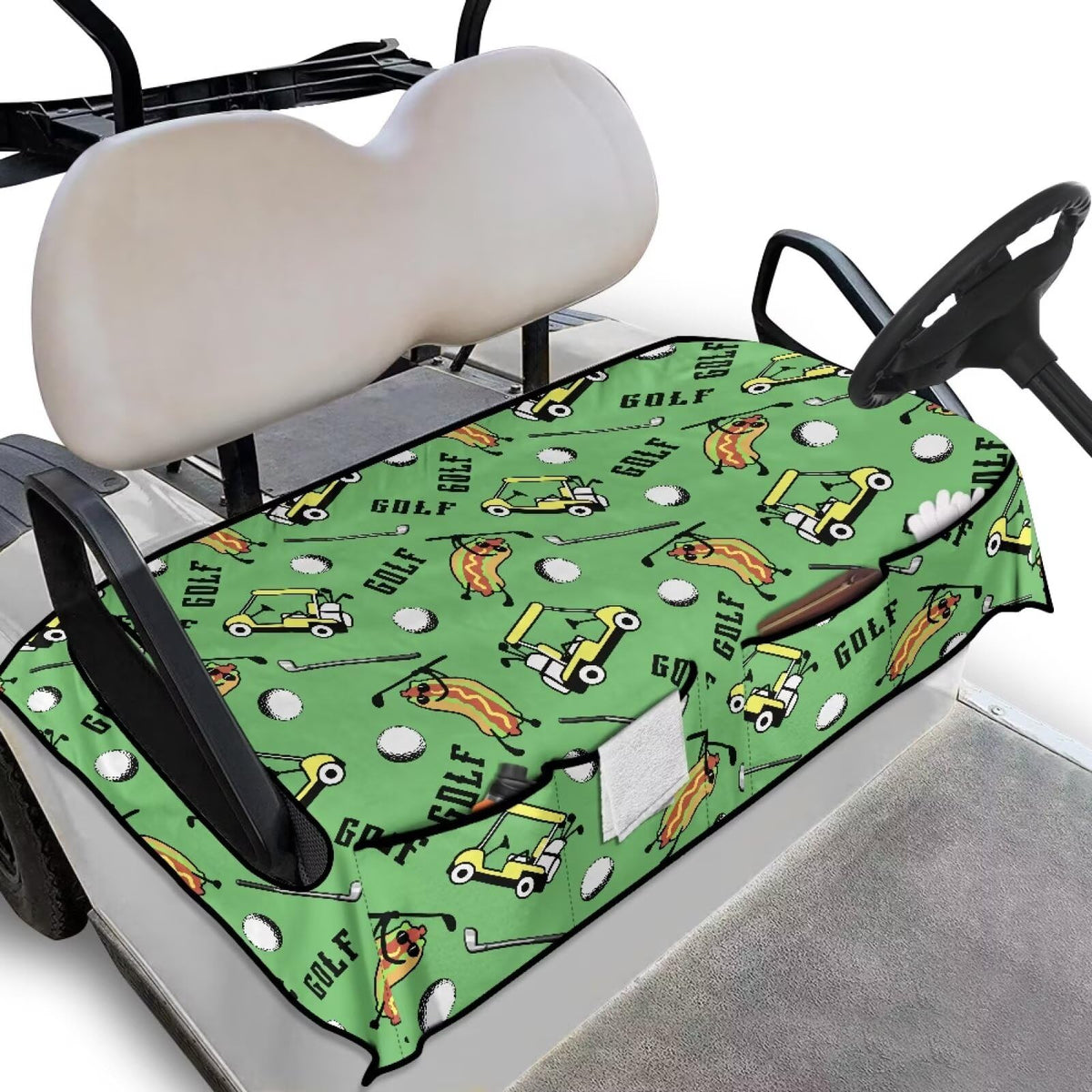 Biyejit hotdog print seat cover front view for club car with pockets.