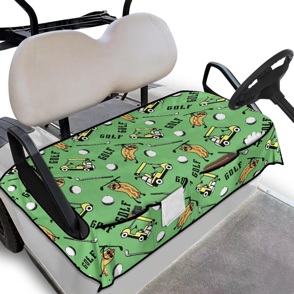 Biyejit hotdog print seat cover front view for club car with pockets.