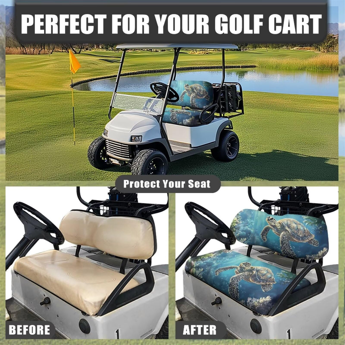 Biyejit Sea Turtles seat cover demonstrates easy install with adjustable straps
