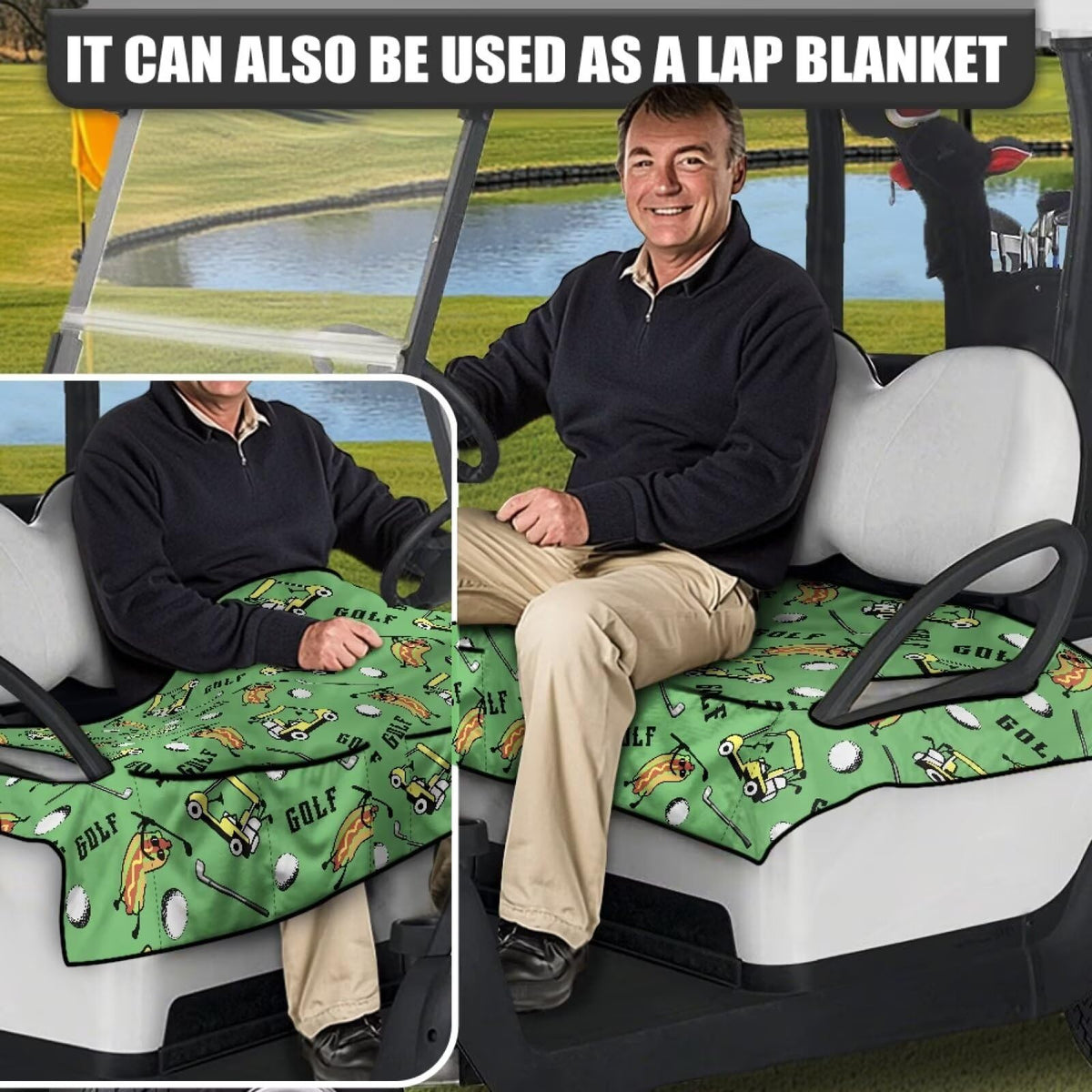 Biyejit seat cover in use on a club car for practical comfort.