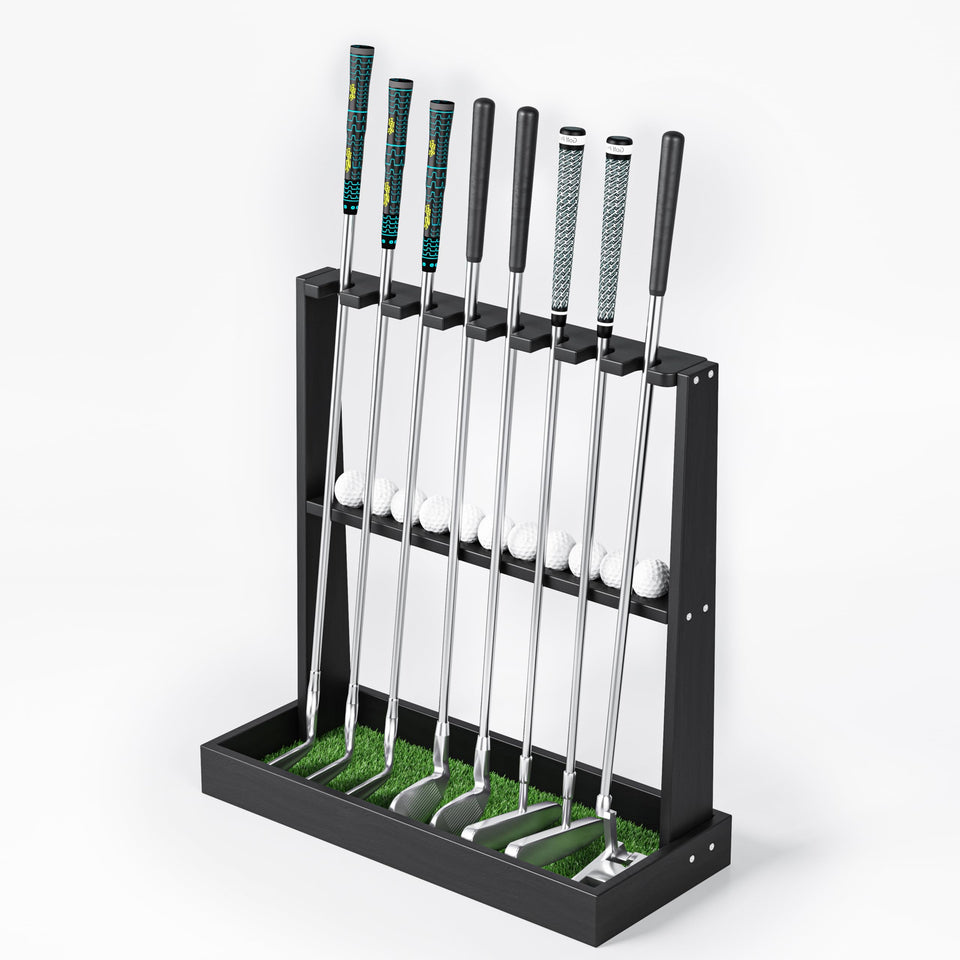 BKISVWCSop wooden golf club rack front view shows sturdy solid-wood design for organized storage.