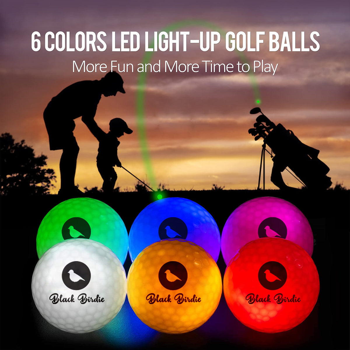 Blach Birdie Glow Night Golf Ball in packaging with six color options for night play.