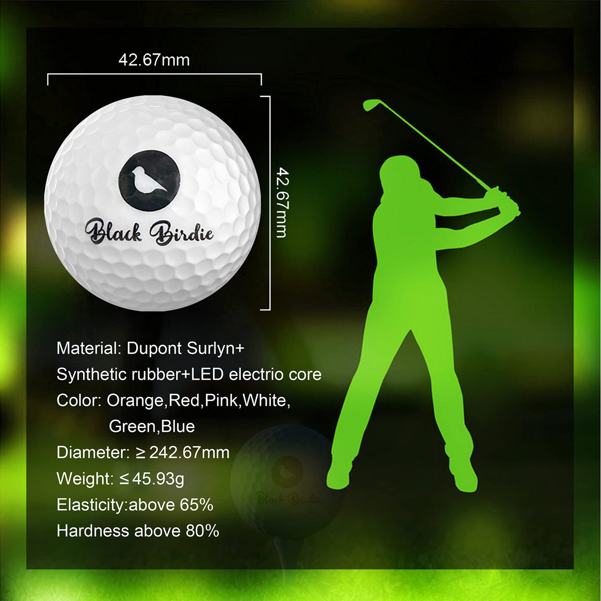 LED-lit golf ball on grass for easy night visibility during dusk rounds.