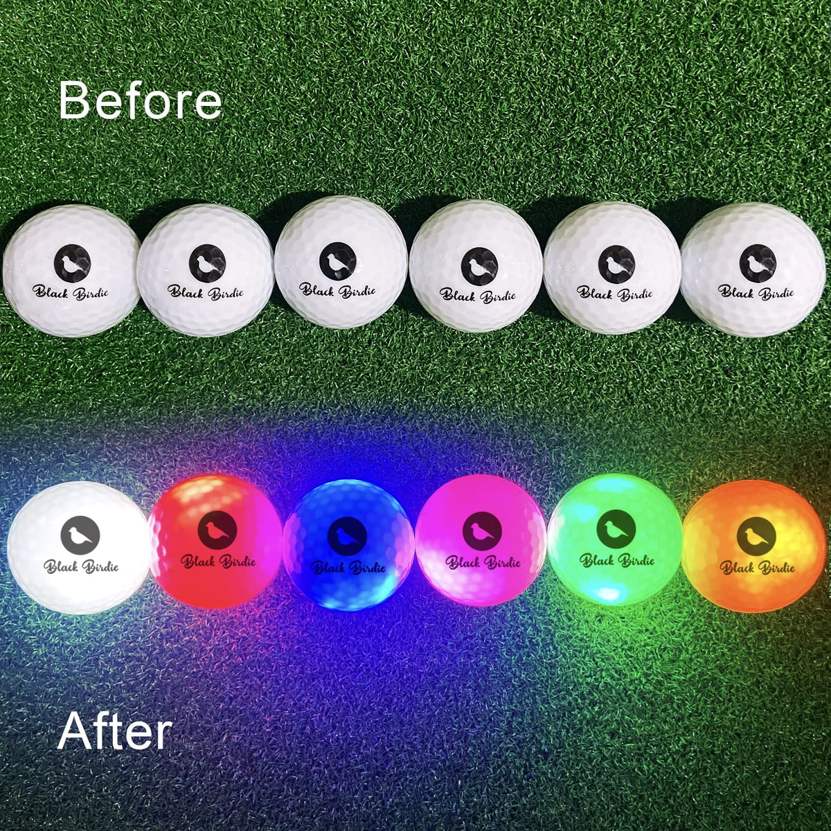 Night golf ball flight trail showing vibrant color glow on the course.
