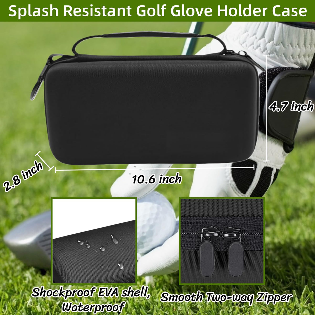 BLIRITEL golf glove holder case open compartment, glove shaper and pockets on display.