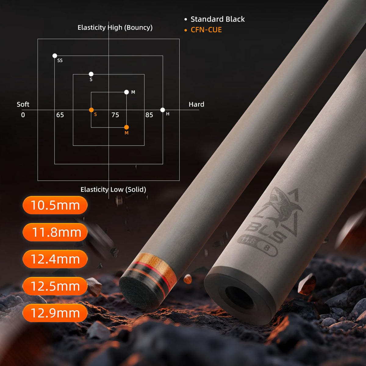 BlkCueShark Pro Taper low-deflection shaft enhances energy transfer