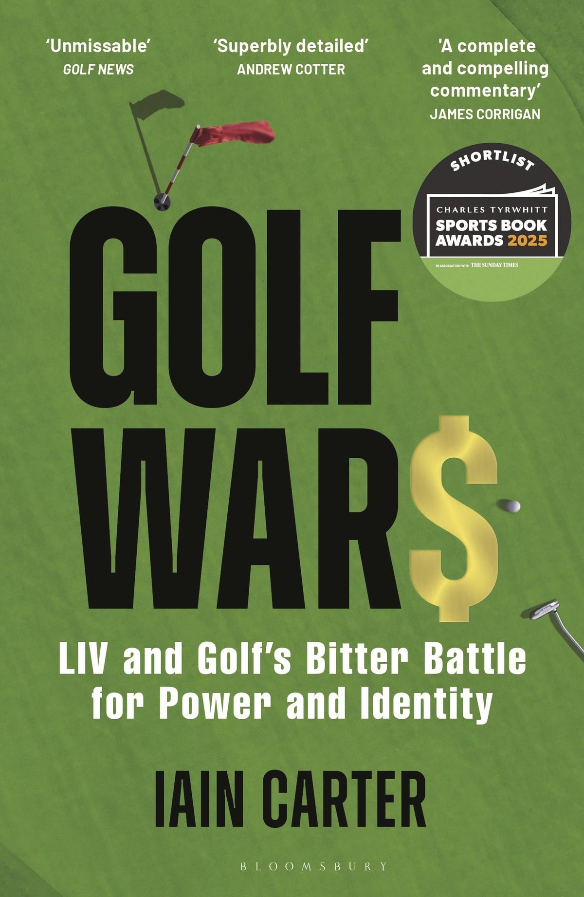 Bloomsbury Golf Wars book cover highlights LIV vs PGA power dynamics for readers.