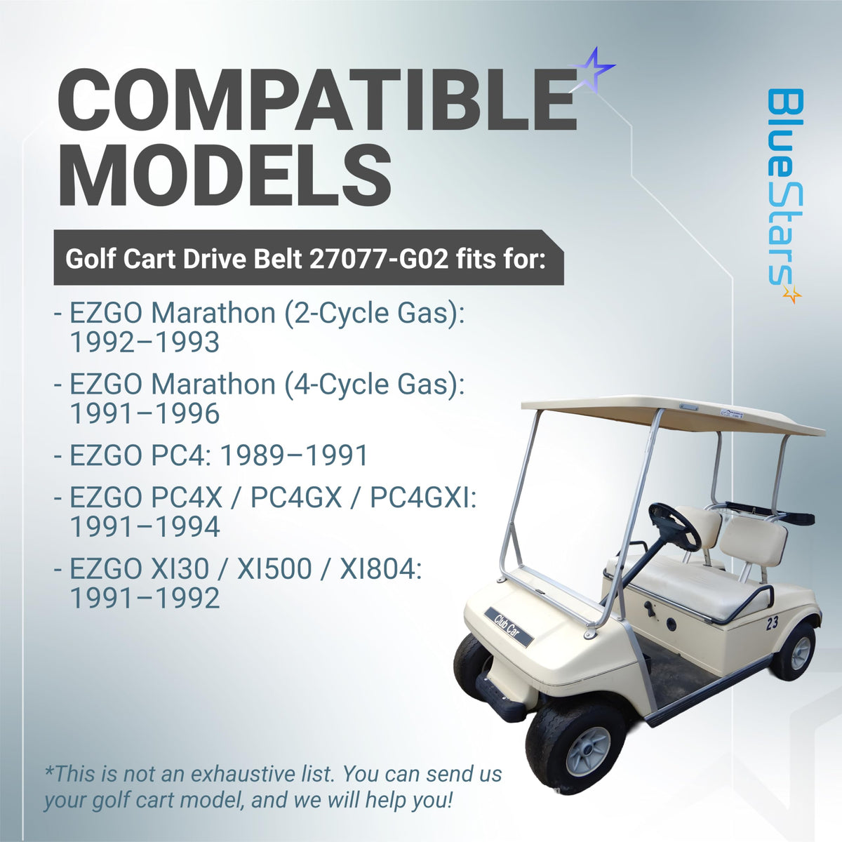 Compatibility chart demonstrates fit for EZGO Marathon and PC4X/PC4GX/PC4GXI.