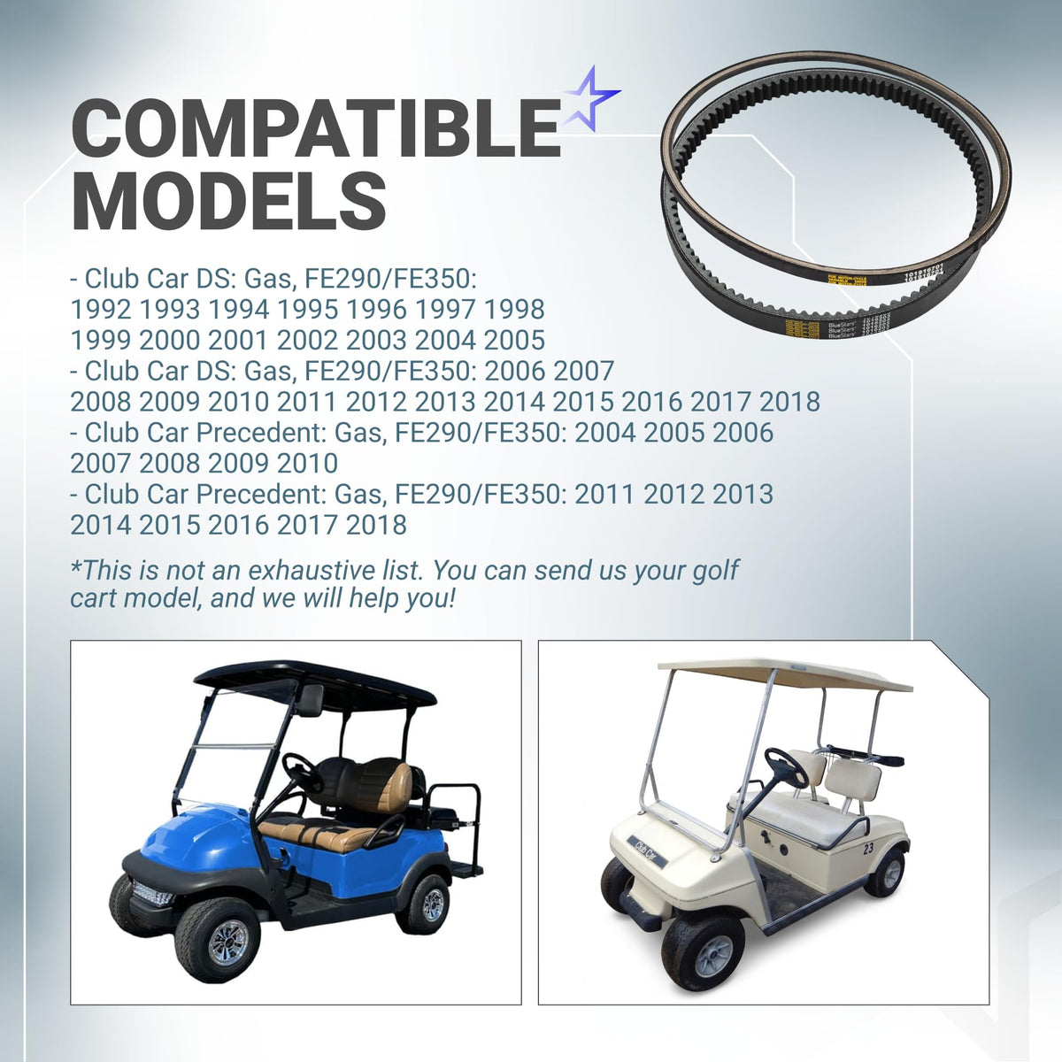 BlueStars Precedent 2004-up belt: compatible with electric and gasoline carts.