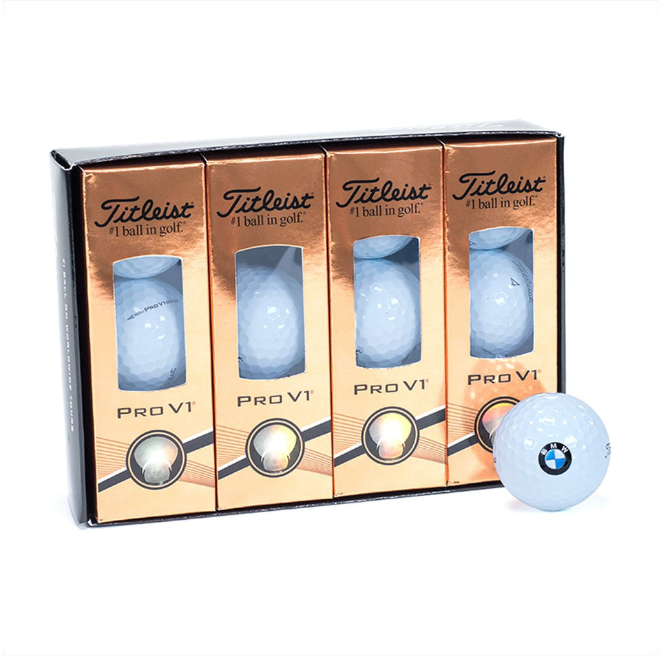 BMW Titleist ProV1 golf balls logo close-up for on-course performance
