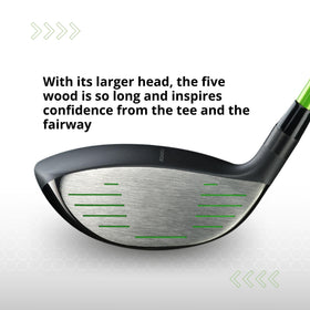BombTech Golf 5 Wood face closeup highlights clean contact for precise ball striking.