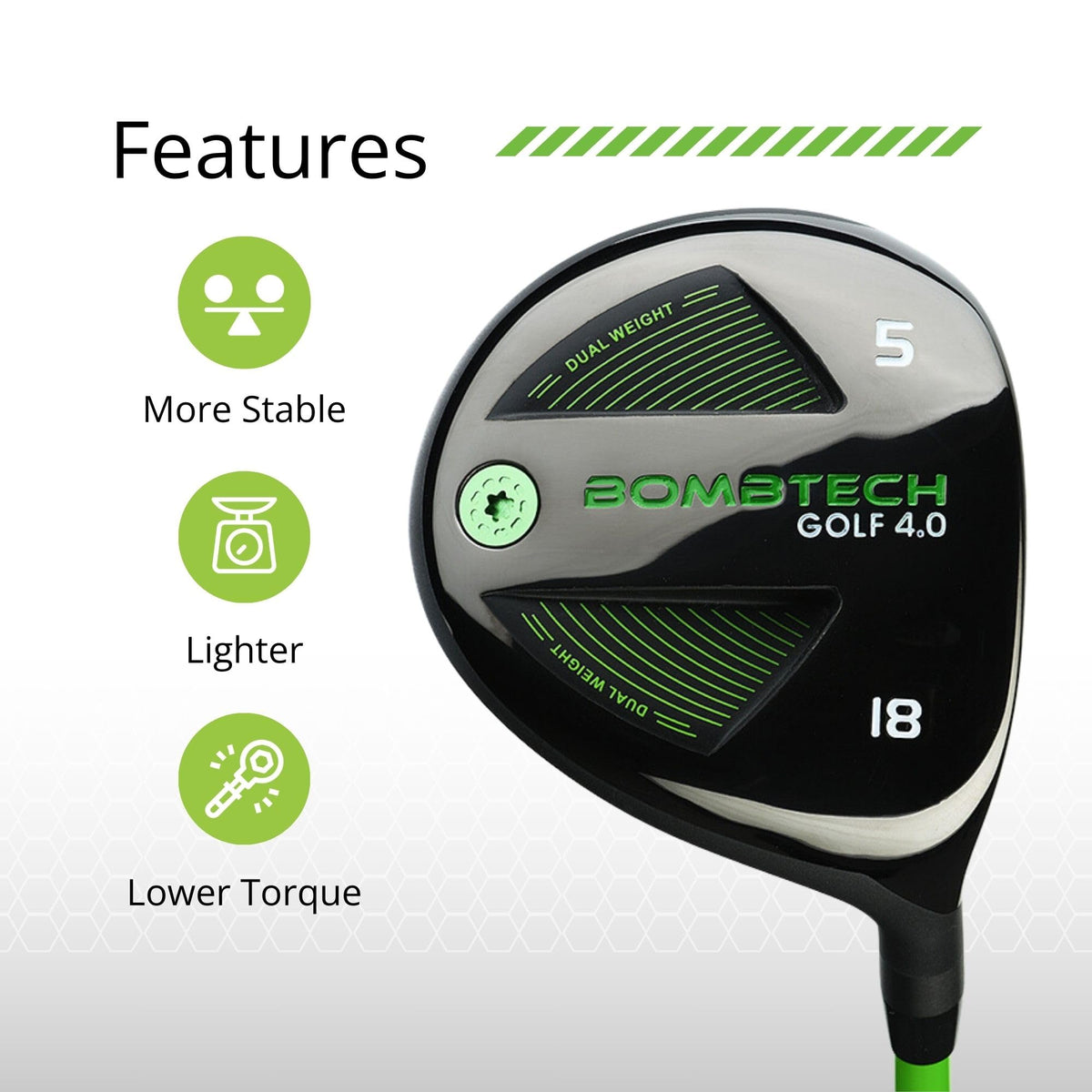 BombTech Golf 5 Wood grip and shaft image highlights comfortable handling.